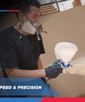 Man using Air Texture Sprayer Gun With 1.32 Gallon Hopper And 3 Nozzles 4.0mm 6.0mm 8.0mm for drywall texture on walls and ceilings