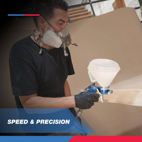 Man using Air Texture Sprayer Gun With 1.32 Gallon Hopper And 3 Nozzles 4.0mm 6.0mm 8.0mm for drywall texture on walls and ceilings