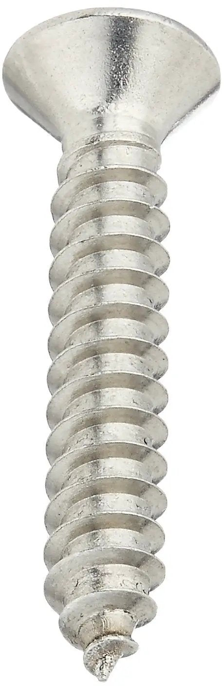 Close-up of a 1 inch 18 8 Stainless Steel Sheet Metal Screw No Nonsense, plain finish, 82-degree oval head, Phillips drive.