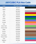 Front view of Anycubic PLA hex color code chart showing color swatches and hex values for 3D printing filament