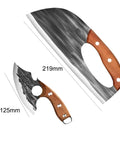 Hand Forged High Carbon Steel Chef Knife And Cleaver Set showing blade lengths of 219mm and 125mm with wooden handles.