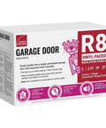 R8 Fiberglass Garage Door Insulation Kit Fits Nine Foot Entries with vinyl-faced insulation panels in packaging.