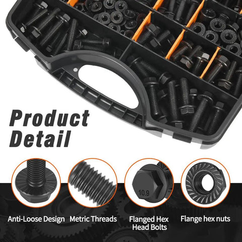 280 Piece M5 M6 M8 Flanged Hex Bolts And Flange Nuts Assortment Grade 10 9 in a storage case showcasing anti-loose design and metric threads.