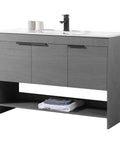 Slick 48 Inch Bathroom Vanity With Built In Sink And Modern Silhouettes Featuring Buttery Smooth Soft Close Doors Spacious Storage Drawers And A Rock Hard Finish Designed For Tiny Baths Requiring Full Assembly with grey finish and white countertop.
