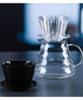 Straight Fire Premium Glass Pour Over Coffee Dripper Boasts Crystal Eye Viewing Window Holds One To Two Cups Transparent Handheld Brewer with black cup.