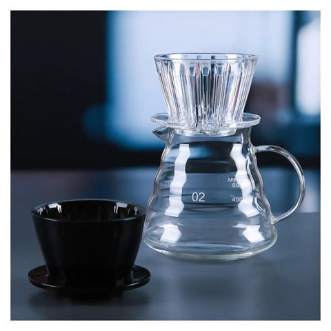 Straight Fire Premium Glass Pour Over Coffee Dripper Boasts Crystal Eye Viewing Window Holds One To Two Cups Transparent Handheld Brewer with black cup.