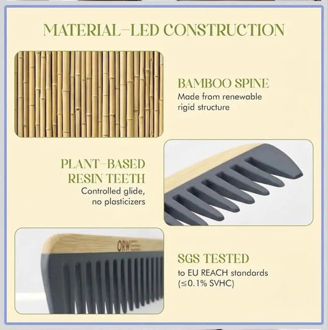 Wide Tooth Bamboo Detangling Comb for Curly Hair Smooth Easy Glide Snag Free Detangling Wet or Dry Hair Thick Coily Textured Styles Eco Friendly Durable Hair Care Tool bamboo spine and resin teeth close-up