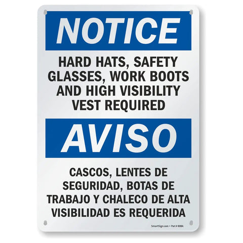 Must Have PPE Required Notice Sign 10x14 Aluminum Bilingual For Hard Hats Glasses Boots Vest Rustproof Weatherproof 40 Mil Sign With Four Mounting Holes For Easy Install Outdoor Use