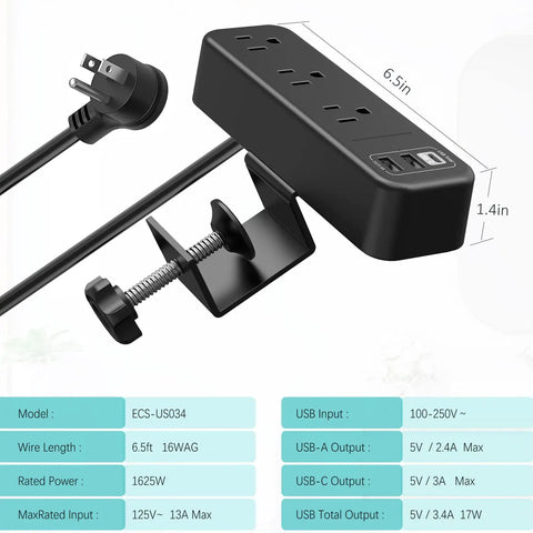 Desk Clamp Power Strip With USB C And USB Ports, 3 Outlets, Desktop Mount Power Station, Removable Clamp, 6.5 Foot Cord