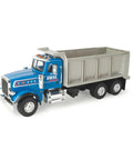 Blue Peterbilt 1/16 Scale Dump Truck Toy With Working Dump Bed, showing side view with realistic details and lights for creative play.