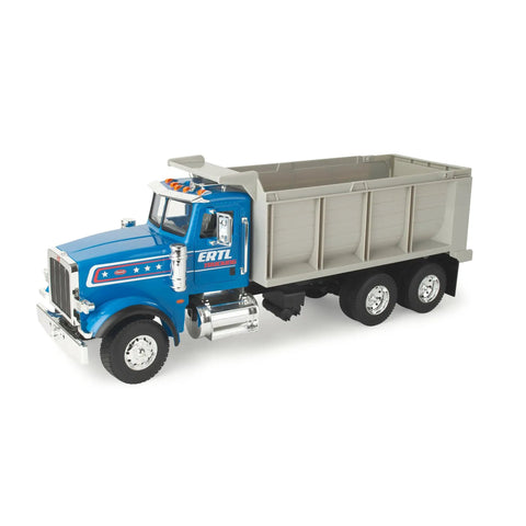 Blue Peterbilt 1/16 Scale Dump Truck Toy With Working Dump Bed, showing side view with realistic details and lights for creative play.