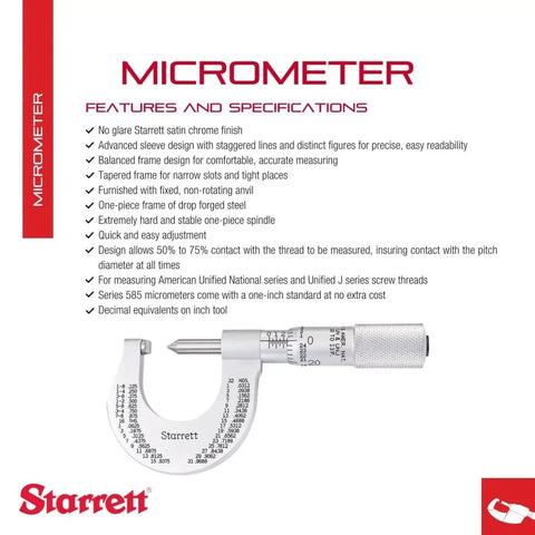 Screw Thread Micrometer With One Piece Spindle Satin Chrome Finish And Advanced Sleeve Design Quick And Easy Adjustment Model 575BP
