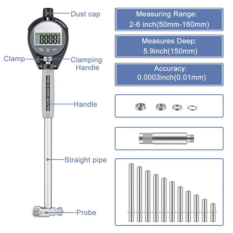 Amazon HDLNKAK digital bore gauge with LCD display, 2–6 in range, includes multiple anvils and probe.