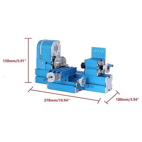 Mini Motorized Lathe Machine For Diy Enthusiasts And School Tech Classes Precision tool with dimensions displayed, ideal for projects.