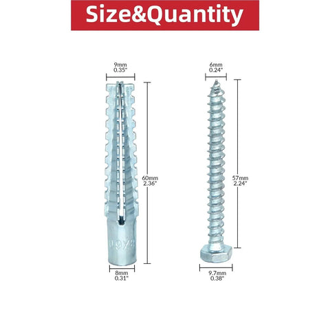 M8x60 Expansion Nut Drywall Anchors Screw Kit, 30 Sets, Self-Drilling, No-Prep Installation, Yellow Zinc Plated Carbon Steel, Rust-Resistant Thread Fixing Bolts for Secure Wall Mounts size chart with anchor and screw measurements