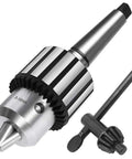 Top Shelf Heavy Duty 5/8 Inch Drill Chuck Kit Featuring K32 Tightening Key And Mt2 Taper Arbor, showing metal chuck with tightening key.