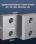Anbull 6 Pcs Electric Rebar Cutter Replacement Blades For 5/8 Inch And 16mm Size showing dimensions for RC-16, RS-20, RA-20 models.