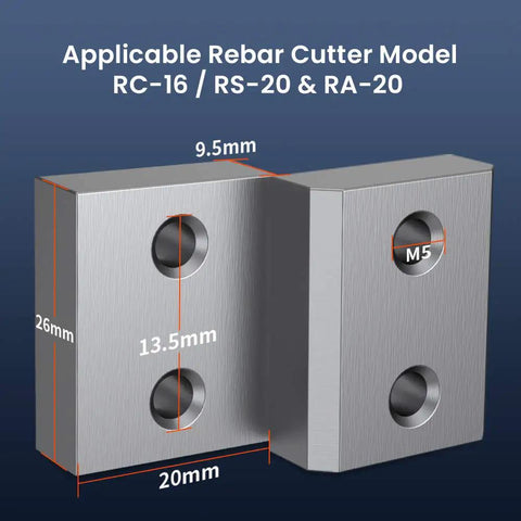 Anbull 6 Pcs Electric Rebar Cutter Replacement Blades For 5/8 Inch And 16mm Size showing dimensions for RC-16, RS-20, RA-20 models.
