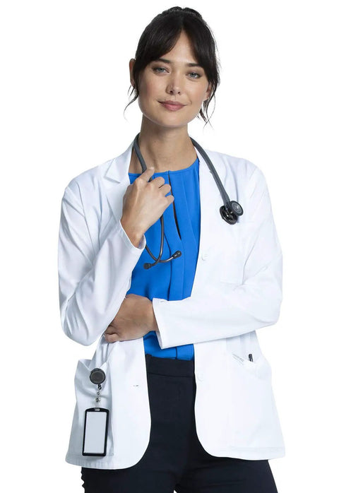 Woman wearing Women's 28 Inch Lab Coat With Notched Lapels, Back Princess Seams, Three Button Front Closure, White Medical Coat
