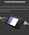 Smart Battery Checker ICC2010 connected, displaying charging function details, Qualcomm Quick Charge support visible on screen