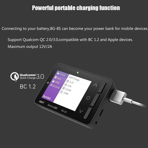Smart Battery Checker ICC2010 connected, displaying charging function details, Qualcomm Quick Charge support visible on screen