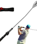 Weighted Golf Swing Trainer and Grip Trainer for Indoor Practice with removable weights and arm band, man swinging
