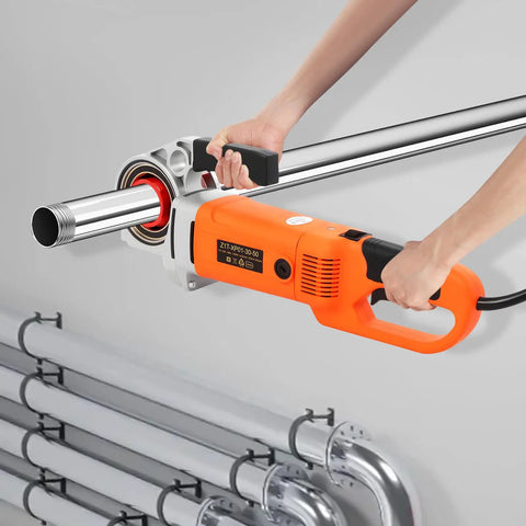 Heavy Duty Badass Portable Electric Pipe Threader Kit With Six Beefy Dies For Half To Two Inch Iron And Galvanized Tubing No Sweat Setup 2300 Watt Motor in use with metal pipe.