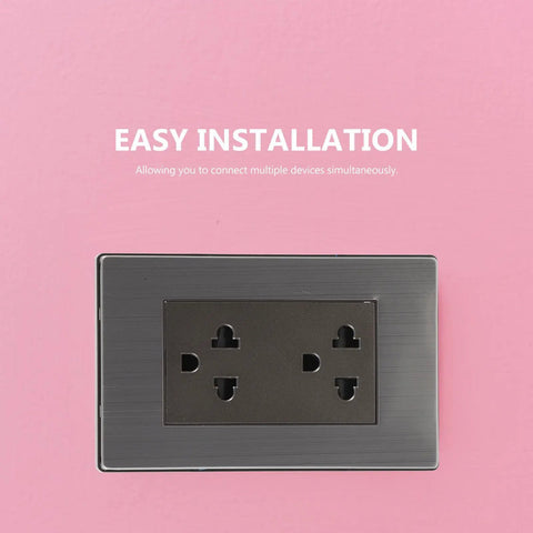 Dang Sturdy Stainless Steel Wall Outlet Cover Plate With Six Round Holes And Heavy Duty Metal Shield Rock Solid Electrical Socket Guard For High Power Home Appliances mounted on a pink surface.