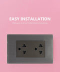 Heavy Duty Stainless Steel Tamper Resistant Wall Outlet Socket Featuring Circular 6 Hole Design And Swanky Metal Faceplate For US Homes Offices And Solid Electrical Safety Vibe on pink background.
