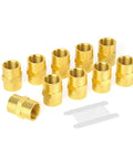 Beefy Brass Pipe Fitting 1/2 Inch Female To 1/2 Inch Female NPT Hex Coupling, 10 Pack, solid brass connectors displayed.