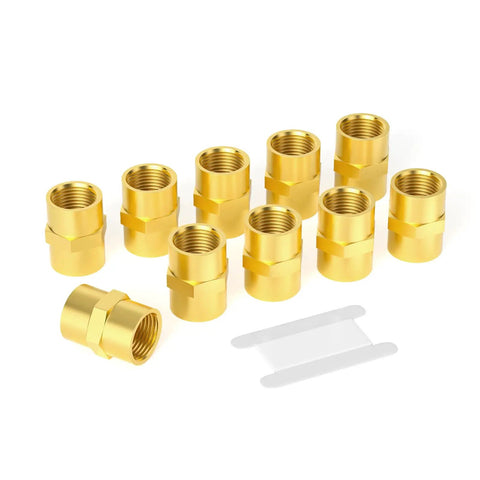 Beefy Brass Pipe Fitting 1/2 Inch Female To 1/2 Inch Female NPT Hex Coupling, 10 Pack, solid brass connectors displayed.