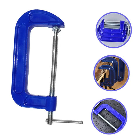 Heavy Duty 4 Inch G Clamp Table Mount for woodworking and metalworking projects, blue clamp shown from different angles and uses.