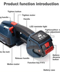 Heavy Duty Electric Strapping Tool For 13Mm To 16Mm Pp Pet Straps With Hella Long Lasting Rechargeable Battery Hot Melt Sealer features labeled controls and battery.