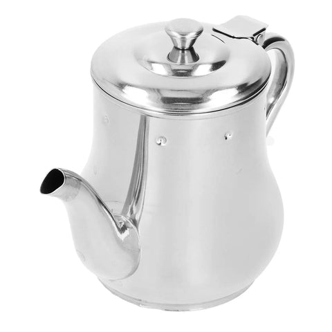 Slick Stainless Steel Teapot With Fine Mesh Strainer 500ML Capacity Stovetop Tea Kettle angled view with lid and spout.
