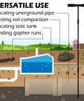 Illustration showing 64 Inch Adjustable Metal Ground Soil Probe Rod With T Handle Pro Grade for underground and garden applications.