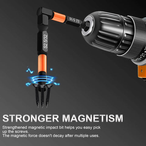 Magnetized S2 hex bit with glowing effect used in drill, showcasing 20 Piece Hex Bit Set with 1/4 inch hex shank for impact drills.