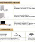 Guide for choosing cabinet handle size based on width with illustrations of hole distances for optimal installation.