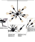 Sputnik 12-Light Black Chandelier for Living Room and Dining Area with Edison bulbs, E26 base holder, and 12-hole ball connection