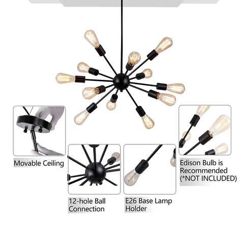 Sputnik 12-Light Black Chandelier for Living Room and Dining Area with Edison bulbs, E26 base holder, and 12-hole ball connection