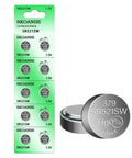 Zero Hassle 10 Pack SR521SW AG0 LR521 379 Button Coin Cell Watch Battery 1.5 Volt Silver Oxide Power For Everyday Timepieces on green card.