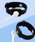 Anti Static Wrist Strap For ESD Grounding 9 Inch Adjustable Button Style Conductive Silicone Wristband Ready For DIY Electronics Repair And Assembly With Snap Connector Compatibility Black, shown in two angles with snap connector and silicone band.