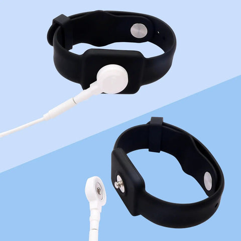 Anti Static Wrist Strap For ESD Grounding 9 Inch Adjustable Button Style Conductive Silicone Wristband Ready For DIY Electronics Repair And Assembly With Snap Connector Compatibility Black, shown in two angles with snap connector and silicone band.