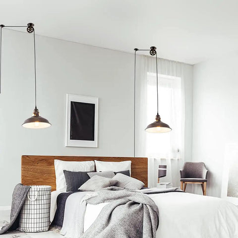 Bedroom with Industrial Pulley Pendant Light With Plug In E26 Socket Vintage Hanging Lamp 16.4 Ft Cord On Off Switch Aged Bronze