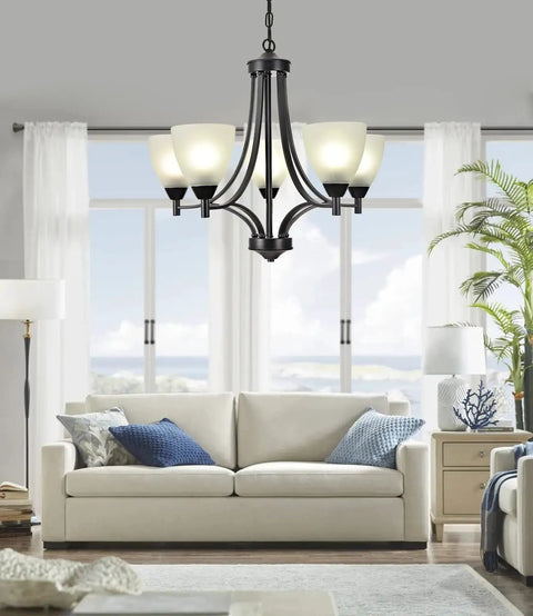 Dope Modern Farmhouse 5 Light Black Chandelier For Dining Room Kitchen And Living Room Industrial Rustic with frosted shades