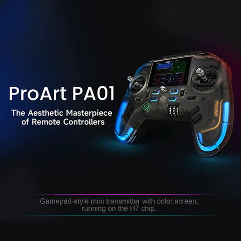 Open Source RC Transmitter With 2.4 Inch IPS Screen, Gyro Stabilized 2.4GHz Radio, Retractable Antenna, front view with LED lights