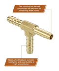 Heavy Duty Brass Tee Barbed Fittings Three Way Connector, 3/16 Inch Hose Reducer, shown with barbed ends, for water, fuel, air lines.