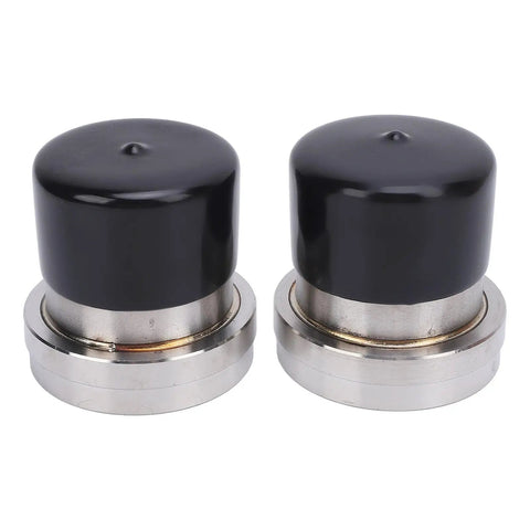 Two Pack Trailer Bearing Protectors 2.441 Inch Dia Stainless Steel Aluminum Alloy Heavy Duty Wheel Bearing Protectors With Auto Check Grease Level for Marine and Utility Trailers, showing two cylindrical protectors with black top on a white background.
