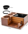 Heavy Duty Espresso Organizer Station With Kickass Knock Box And Precision Tamping Station showing wooden structure and dimensions.