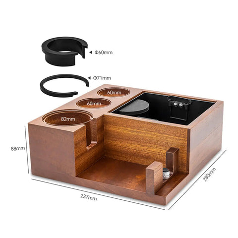 Heavy Duty Espresso Organizer Station With Kickass Knock Box And Precision Tamping Station showing wooden structure and dimensions.