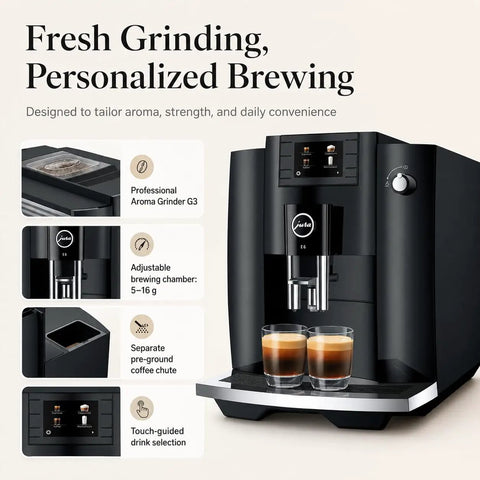 Straight Up Game Changing Automatic Espresso Machine With 2.8 Inch Color Display And Easy Cappuccino Function In Piano Black, showing professional grinder and brewing options.